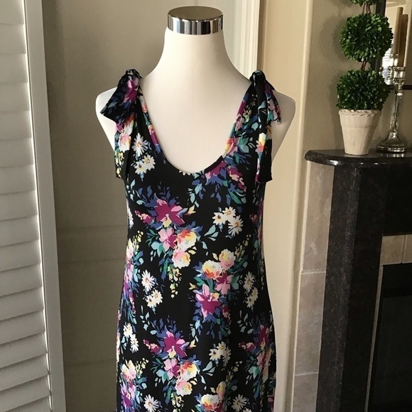 Floral Maxi Sundress Junior SMALL Sleeveless Shoulder Tie Stretch Poof New York - Picture 14 of 16
